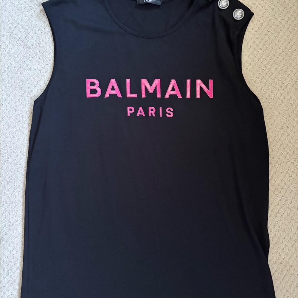 Balmain Black Muscle Tee with Pink Accents